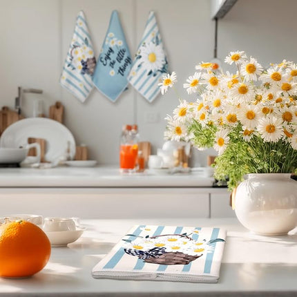 Boyiee Set of 6 Daisy Flower Kitchen Towels Daisy Stripes Tea Towels Floral Absorbent Dishtowels 24 x 16 Inches Housewarming Gifts Blue Hand Wash Cloth for Farmhouse Kitchen Bathroom Decorations