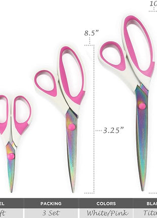 BambooMN Titanium Softgrip Scissors Set for Sewing, Arts, Crafts, Office - 30 Sets of 3 - White w/Pink Inlays