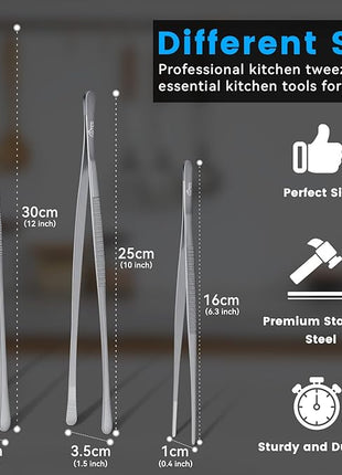 HOTEC Kitchen Tweezers Tongs Stainless Steel Professional Chef Tweezers, Set of 3-6.3", 10" and 12inch Food Tongs for Cooking, Repairing, Dessert, BBQ, Meat, Pasta