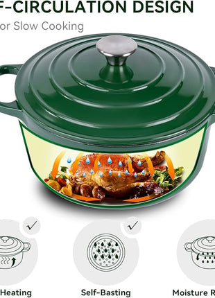 Miereirl 6 Quart Enameled Dutch Oven Pot with Lid, Cast Iron Dutch Oven with Dual Handles for Bread Baking, Cooking, Non-stick Enamel Coated Cookware (Green)