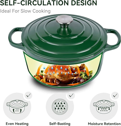 Miereirl 6 Quart Enameled Dutch Oven Pot with Lid, Cast Iron Dutch Oven with Dual Handles for Bread Baking, Cooking, Non-stick Enamel Coated Cookware (Green)