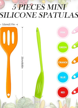 5 Pack Small Silicone Spatula Mini Rubber Turner High Heat Resistant Slotted Egg Fish Spatula Flipper Small Pancake Turner Mini Serving Cooking Kitchen Utensils (Red Blue Green Orange Pink)