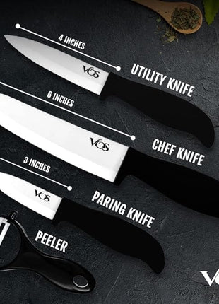 Vos Ceramic Knife Set with Peeler, Ceramic Knives Set For Kitchen, Ultra Sharp Kitchen Knife Set with Covers, 3" 4" 6" Paring, Utility & Chef Knife, Lightweight, Dishwasher safe (Black Handle)