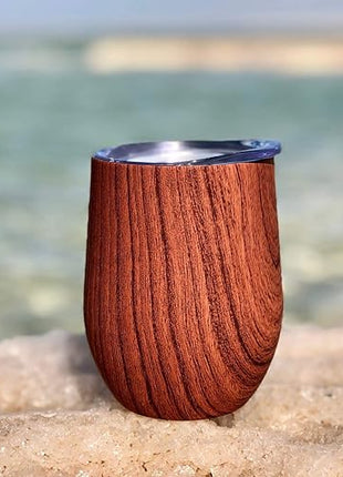 CHILLOUT LIFE 12 oz Stainless Steel Wine Tumblers 2 Pack - Double Wall Vacuum Insulated Wine Glasses Cups with Lids and Straws Set Keeping Cold & Hot for Coffee, Beer, Ice Cream - Wood Pattern