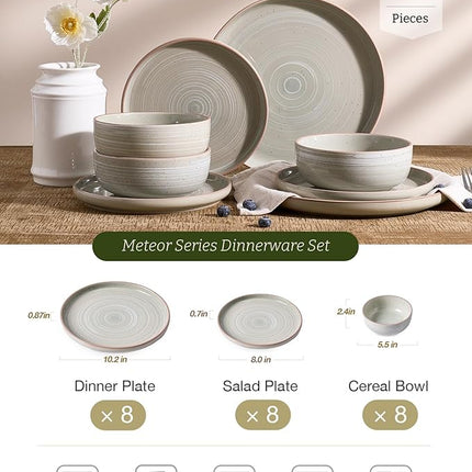 Famiware Meteor Plates and Bowls Sets, 24-Piece Stoneware Dinnerware Sets, Dishes Set for 8, Microwave and Dishwasher Safe Tableware, Matcha Green