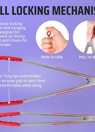 Kaluns Kitchen Tongs for Cooking Grilling Set of 4, BBQ Grill Tongs With Silicone Tip Stainless Steel Heat Resistant, Non-stick Pull Lock, Incl 7, 9, 12 Inch Tong Plus a Silicone Spatula