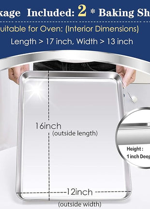P&P CHEF 16 Inch Baking Cookie Sheet, Oven Pan Tray Stainless Steel Sheet Pan for Kitchen, Oven Bakeware for Multi Uses, Shiny Look & Dishwasher Safe, Healthy & Heavy Duty, 2Pcs