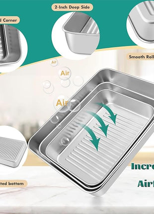 Baking Pans Set of 3, E-far Stainless Steel Sheet Cake Pan for Oven - 12.5/10.5/9.4Inch, Rectangle Textured Pan Tray Set for Lasagna Brownie Casserole Cookie, Non-toxic & Healthy, Dishwasher Safe