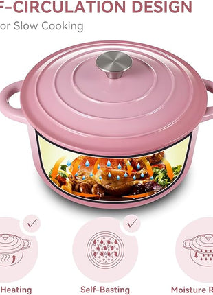 Miereirl 6 Quart Enameled Dutch Oven Pot with Lid, Cast Iron Dutch Oven with Dual Handles for Bread Baking, Cooking, Non-stick Enamel Coated Cookware, Pink