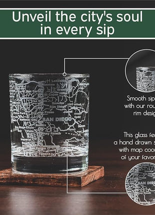 Greenline Goods Whiskey Glasses - 10 oz Tumbler Set for San Diego lovers, Etched with San Diego Map Old Fashioned Rocks Glass - Set of 2