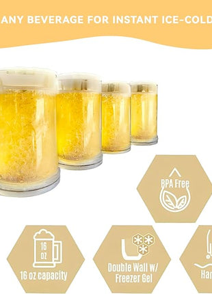 Lily's Home 16oz set of 4 Insulated Double Wall Gel-Filled Acrylic Frosted Freezer Stein Mugs, Great as Old Fashion Drinking Glasses at BBQs and Parties, Clear