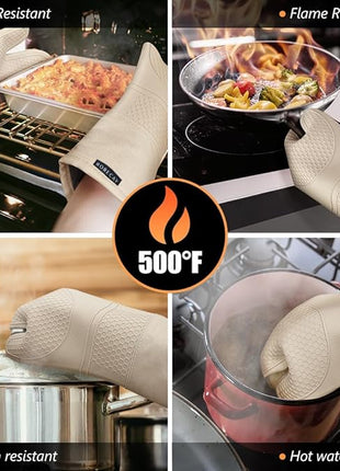 Rorecay Oven Mitts and Pot Holders Sets 6pcs, Extra Long Kitchen Silicone Oven Gloves High Heat Resistant 500 Degrees Non-Slip Potholders Hot Pads for Baking Cooking, Milkshake