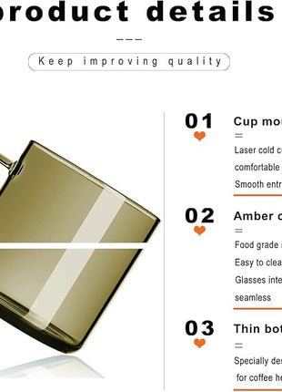 LUXU 4pcs Set Simple Glass Coffee Mugs-Hand Blown&Seamless Design,14 oz Amber Coffee Cups-Heat Resistant and Explosion-Proof,Lightweight Tea Mugs with Anti Scald Handle Ideal for Home,Cafe,Coffee Bar