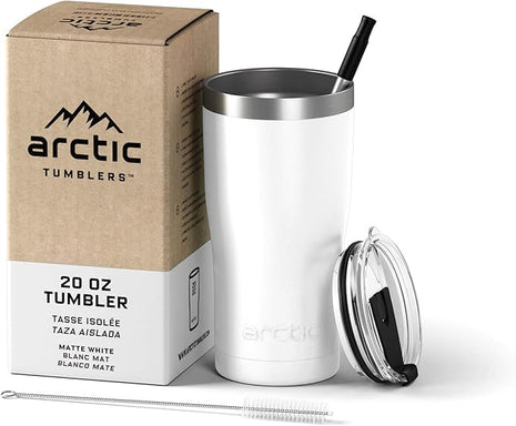 Arctic Tumblers | 20 oz Matte White Insulated Tumbler with Straw & Cleaner - Retains Temperature up to 24hrs - Non-Spill Splash Proof Lid, Double Wall Vacuum Technology, BPA Free & Built to Last