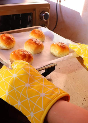 Oven Mitts and Potholders BBQ Gloves-Oven Mitts and Pot Holders with Recycled Infill Silicone Non-Slip Cooking Gloves for Cooking Baking Grilling (4-Piece Set) (Yellow-02)