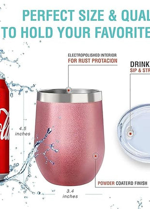 CHILLOUT LIFE 12 oz Stainless Steel Wine Tumblers 2 Pack & 1 Insulated Wine Bottle - Double Wall Vacuum Insulated Wine Glasses Cups with Lids and Straws Set Keeping Cold & Hot Gift Set - Rose Gold