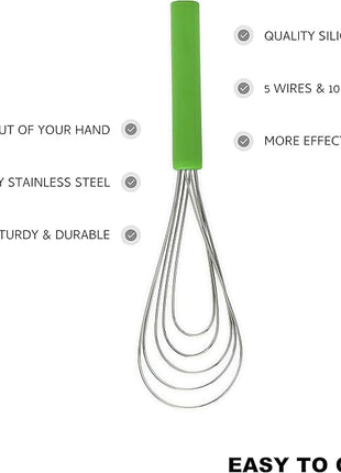 Flat Whisk Silicone Handle Non Slip 10" - 5 Wires Whisk with 10 Heads for Kitchen Cooking by Jell-Cell (Green)