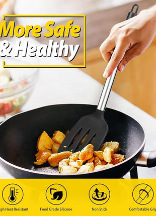 Pack of 2 Silicone Solid Turner, Non Stick Slotted Kitchen Spatulas, High Heat Resistant BPA Free Cooking Utensils, Ideal Cookware for Fish, Eggs, Pancakes(Black-White)