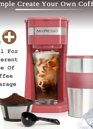 Mixpresso Red Personal Single Serve Coffee Maker with 14oz Travel Mug, Drip Small Coffee Maker with Auto Shut Off, Reusable Filter, Works with Ground Coffee Only – Not for K-Cup Pods