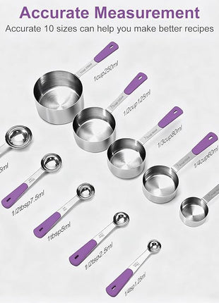 Measuring Cups and Spoons Set Stainless Steel 10 Piece for Cooking and Baking (5 Cups + 5 Spoons, Purple Handle)