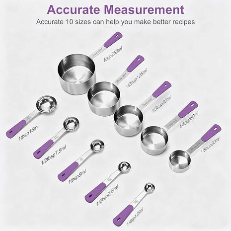 Measuring Cups and Spoons Set Stainless Steel 10 Piece for Cooking and Baking (5 Cups + 5 Spoons, Purple Handle)