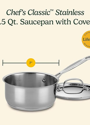 Cuisinart 1.5 Quart Saucepan w/Cover, Chef's Classic Stainless Steel Cookware Collection, 719-16