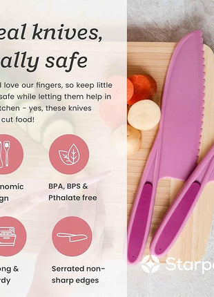 Starpack 'Finger Loving' Kid Safe Kitchen Knife Set of 3 - Kids Knife Set for Real Cooking - Serrated Edges Toddler Knife Sets for 3+ Year Olds - Montessori Knife Sets - BPA-Free Nylon Knives for Kids