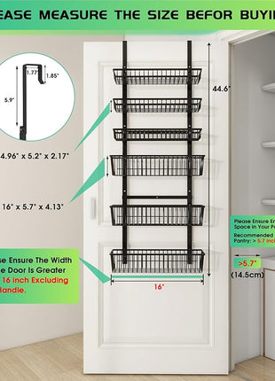 Over The Door Pantry Organizer, Pantry Organization and Storage, 6-Tier Deep Baskets Hanging Heavy-Duty Metal, Wall Spice Rack Seasoning Shelves for Home & Kitchen, Laundry Room Bathroom, Black