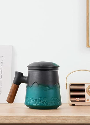 ZENS Tea Cup With Infuser and Lid for Loose Leaf Steeper, 15.2 oz Embossed Ceramic Mug With Fine Strainers, Wood Handle Large Diffusers, Accessories for Tea Lovers Gifts