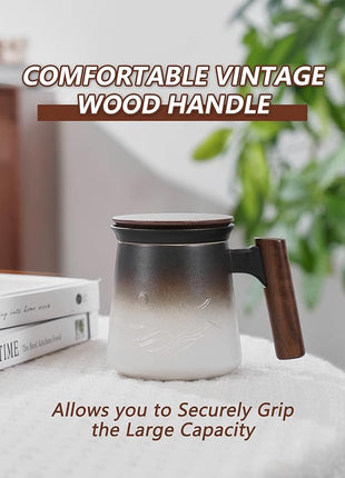 ZENS Tea Mug with Infuser and Lid for Loose Leaf Tea Steeper, 14.5 oz Embossed Ceramic Tea Cup with Fine Strainers and Wood Handle, Diffusers Accessories for Tea Lovers Gifts