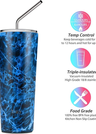 THILY Tumbler Stainless Steel Coffee Cup 26 oz Triple-Insulated Wide Mouth Travel Mug with Splash-Proof Lid, for Iced Drinks and Hot Beverage Smoothies Cup, Abysmal Sea