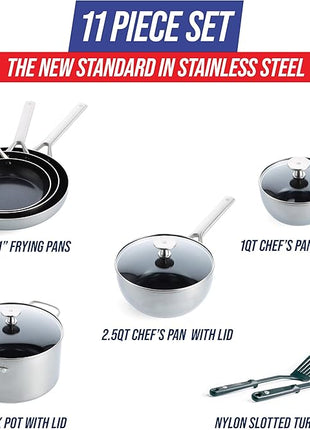 Blue Diamond 11 Piece Cookware Set, Stainless Steel Tri-Ply, Induction Compatible, Diamond Infused Ceramic Nonstick, PFOA and PFAS Free, Dishwasher Safe, Metal Utensil Safe, Scratch Resistant, Silver