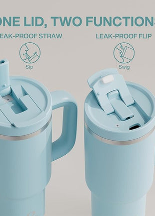 ENCOOL 32 oz Tumbler with Handle and Straw: Stainless Steel Insulated Tumbler Keeps Cold for 24 Hours, Leakproof Travel Cup Fits in Cup Holder and BPA-Free,Pewter Blue