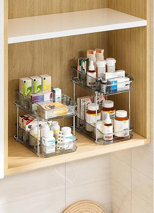 Delamu 2-Tier Under Sink Organizers and Storage, Multi-Purpose Stackable Bathroom Cabinet Organizers, Pull Out Kitchen Pantry Organization and Storage with Dividers(4 Pack, Grey)