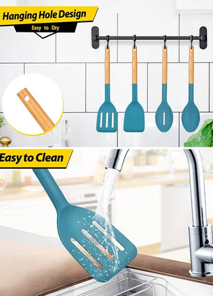 Pack of 4 Silicone Cooking Utensils Set, Non Stick Solid Spatulas and Heat Resistant Slotted Spoons with Wooden Handle, Ideal Wood Kitchen Utensils Set for Frying,Serving,Turning,Stirring (BLUE)