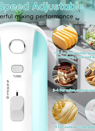 Hand Mixer Electric Handheld, 5-Speed Handheld Mixer, 380W Electric Mixer with Stainless Steel Whisk Beater Attachments, Snap-On Storage Case, Measuring Cups, Kitchen Cake Mixers for Baking Supplies