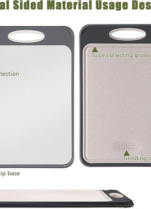 GUANCI Cutting Board for Kitchen 2-in-1, Stainless Steel & Wheat Straw PP Double-Sided Chopping Board,non toxic Chopping, Easy to Clean, Ideal for Meat, Vegetables and Fruits