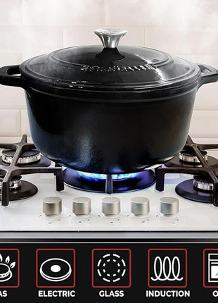 MUELLER HOME 7.5 QT Enameled Cast Iron Dutch Oven, Heavy-Duty, Oven-Safe up to 500° F & Across All Cooktops, Casserole Dish and Braiser Pan with Lid and Stainless Knob, Black