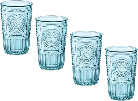Bormioli Rocco Romantic Set Of 4 Tumbler Glasses, 11.5 Oz. Colored Crystal Glass, Light Blue, Made In Italy.