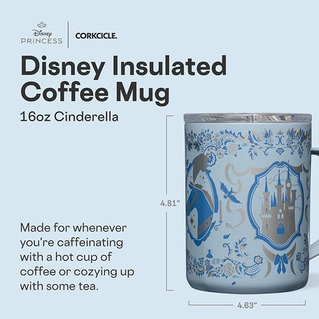 Corkcicle Classic Coffee Mug - Triple Insulated Stainless Steel for Travel - Shatter-Proof Lid - Keeps Drink Hot Over 3 Hours - Holiday Mug Gift - 16 oz - Princess Cinderella