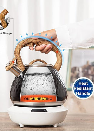 Tea Kettle, Toptier Teapot Whistling Kettle with Wood Pattern Handle Loud Whistle, Food Grade Stainless Steel Tea Pot for Stovetops Induction Diamond Design Water Kettle, 2.7-Quart Black