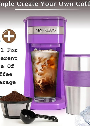 Mixpresso Purple Personal Single Serve Coffee Maker with 14oz Travel Mug, Drip Small Coffee Maker with Auto Shut Off, Reusable Filter, Works with Ground Coffee Only – Not for K-Cup Pods