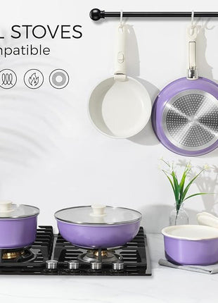 15Pcs Pots and Pans Set Non Stick, Cookware Sets with Detachable Handle, Nonstick RV Kitchen Cooking Tools Removable Handles, Oven Safe, Induction Fast, Stackable Induction Cookware, Purple