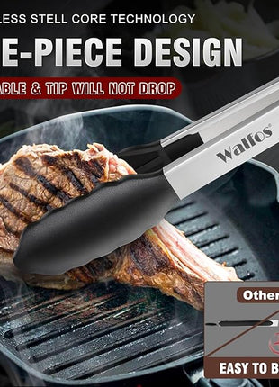 Walfos Kitchen Tongs - Heat Resistant Cooking Tongs Set of 3, Stainless Steel and BPA Free Silicone Tips, Great for Cooking, Grilling, Turning, 7" 9" and 12" (3 black silicone tongs)