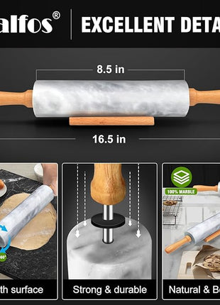 Walfos Marble Rolling Pin With Wooden Handles & Wood Cradle, 16.5 Inch Marble Rolling Pins For Making Pizza Dough And Tortillas, Dough Roller For Pie Crust, Cookie, Pasta (Gray & White)
