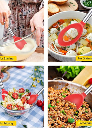 Pack of 2 Large Silicone Cooking Spoons,Non Stick Solid Basting Spoon,Heat-Resistant Kitchen Utensils for Mixing,Serving,Draining,Stirring (RED)