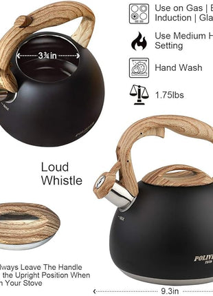 POLIVIAR Tea Kettle, Black Ti Stovetop Tea Kettle 2.7 Quart , Audible Whistling Teapot, Food Grade Stainless Steel for Anti-Rust and Anti Hot Handle, Suitable for All Heat Sources (JX2018-WB20)