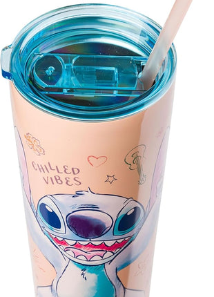 Silver Buffalo Disney Lilo and Stitch Island Doodles Chilled Vibes Double Walled Stainless Steel Tumbler with Straw, 22 Ounces