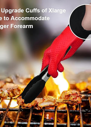 GEEKHOM BBQ Gloves Heat Resistant Oven Mitts - Silicone Grilling Gloves with 14" Long Arm Protection - Waterproof Pot Holder Non-Slip for Men & Women, Kitchen Cooking, Baking, Camping, Red
