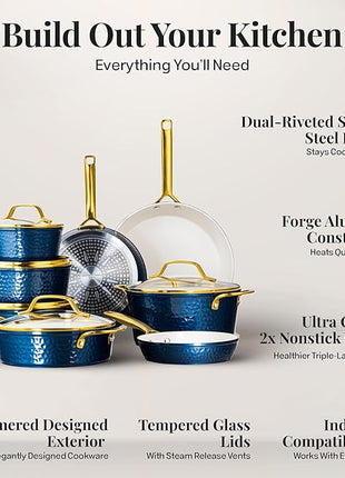 Gotham Steel Hammered 20Pcs Ceramic Cookware Set, Induction Pots and Pans Set Non Stick with Deep Fry Pan, Steamer, & Bakeware, Non Toxic PFOA PFOS Free, Oven & Dishwasher Safe